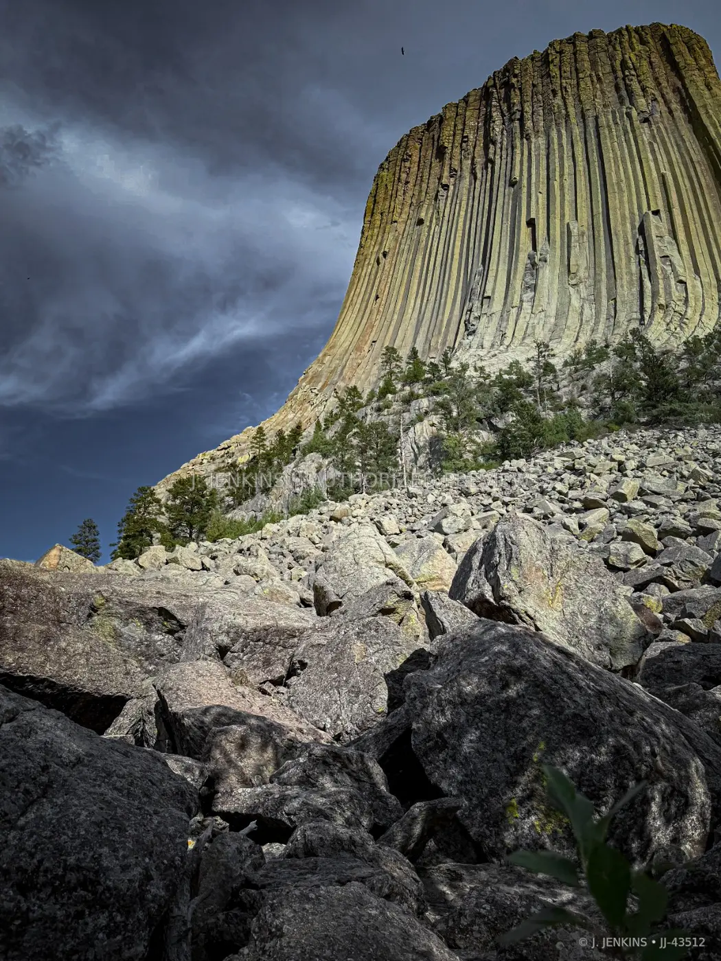 Devils Tower rising above a field of boulders