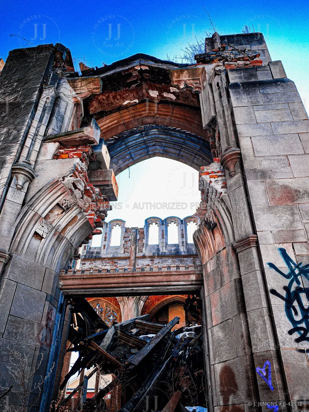 Ruined Gothic arch opening into a collapsed interior