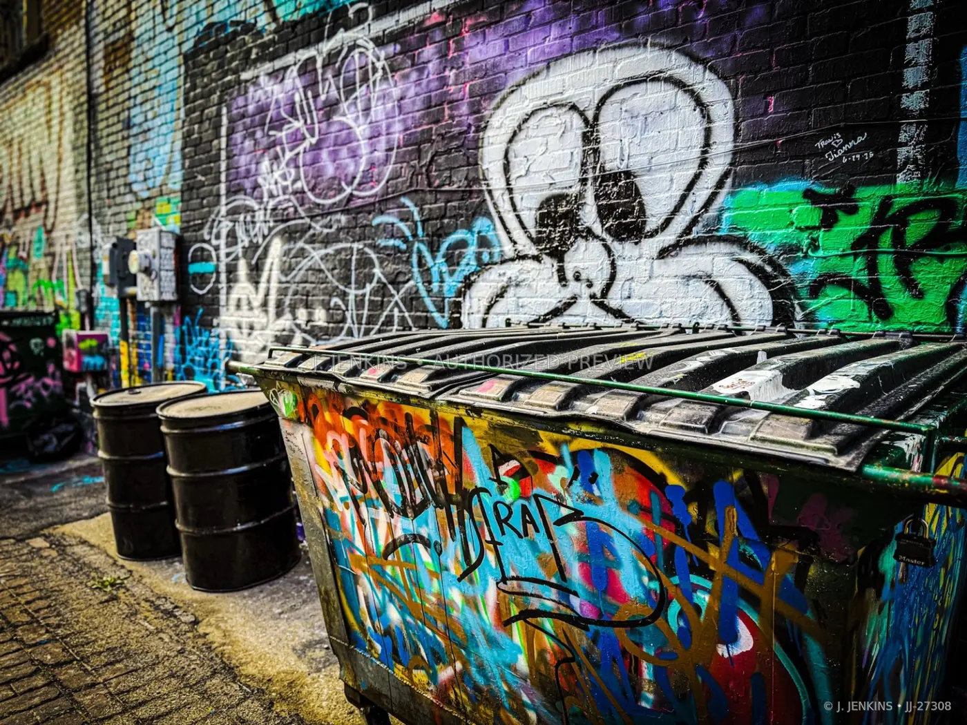 Graffiti-covered dumpster and wall in an urban alley