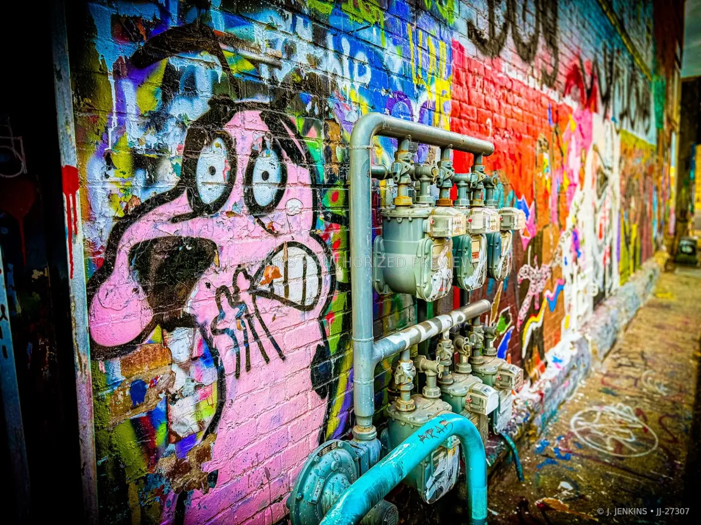 Gas meters interrupting a wall of saturated graffiti
