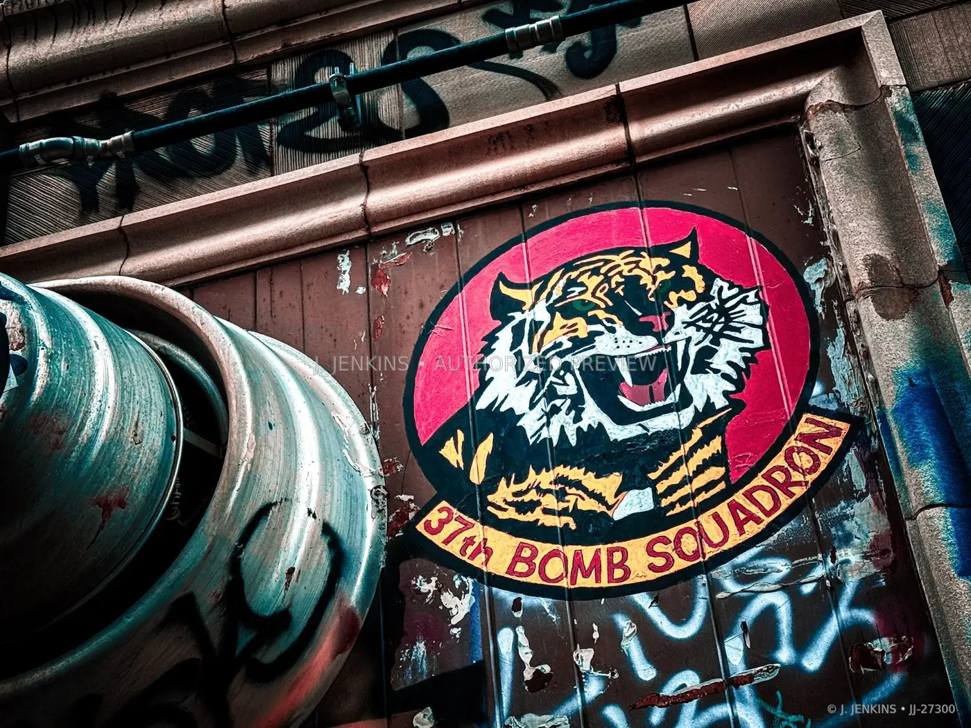 Historic squadron tiger mural layered with graffiti